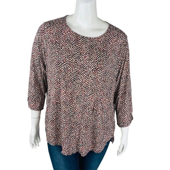 Liz Claiborne Womans Sz 2X Plus Blouse Abstract Brown Top 3/4 Sleeve - Picture 1 of 8